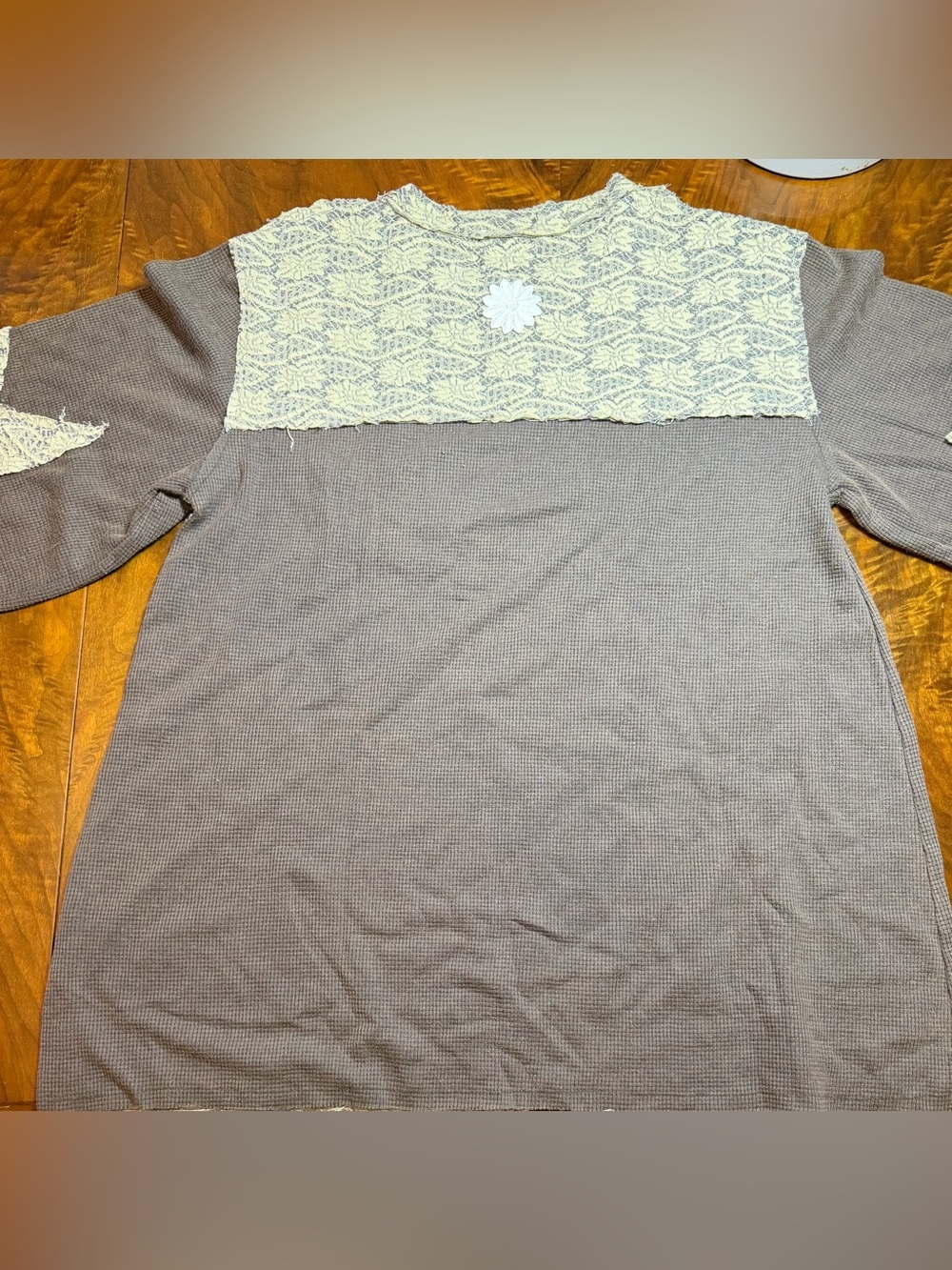 NWOT POL S Gray Mixed Media Long Sleeve Top | Lace Star Appliqué | Boho - Picture 2 of 11